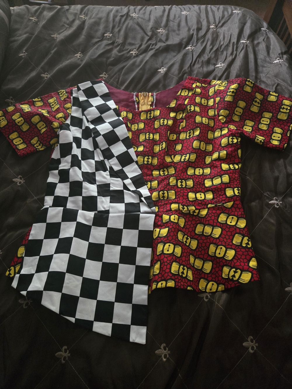 Women's Mixed-Print Cotton Peplum Blouse in Red, Yellow & Black